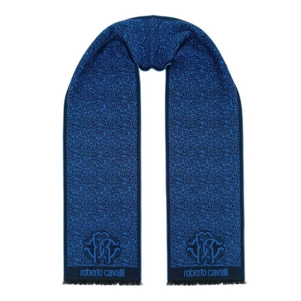 Roberto Cavalli ESZ056 04505 Turquoise Wool Blend Leopard Print Mens Scarf